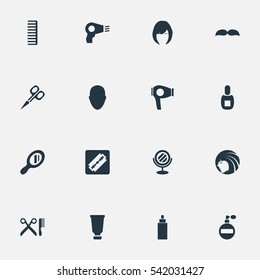 Set Of 16 Simple Beautician Icons. Can Be Found Such Elements As Aroma, Flask, Shaver And Other.