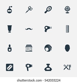 Set Of 16 Simple Beautician Icons. Can Be Found Such Elements As Shaver, Reflector, Hackle And Other.