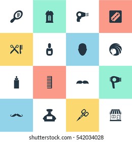 Set Of 16 Simple Beautician Icons. Can Be Found Such Elements As Glamour Lady, Premises, Hackle And Other.