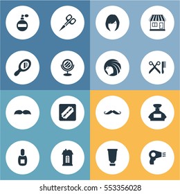 Set Of 16 Simple Beautician Icons. Can Be Found Such Elements As Beard, Scent, Reflector And Other.