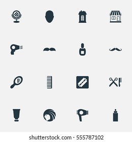 Set Of 16 Simple Beautician Icons. Can Be Found Such Elements As Human, Glamour Lady, Barber Tools And Other.