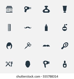 Set Of 16 Simple Beautician Icons. Can Be Found Such Elements As Reflector, Container, Drying Machine And Other.