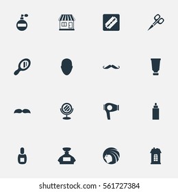 Set Of 16 Simple Beautician Icons. Can Be Found Such Elements As Whiskers, Drying Machine, Premises And Other.