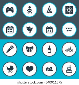 Set Of 16 Simple Birthday Icons. Can Be Found Such Elements As Mask, Soul, Game And Other.