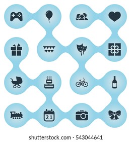 Set Of 16 Simple Birthday Icons. Can Be Found Such Elements As Beverage, Mask, Resonate And Other.