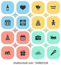 Set Of 16 Simple Birthday Icons. Can Be Found Such Elements As Train, Bicycle, Ribbon And Other.