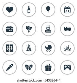 Set Of 16 Simple Birthday Icons. Can Be Found Such Elements As Cap, Beverage, Soul And Other.