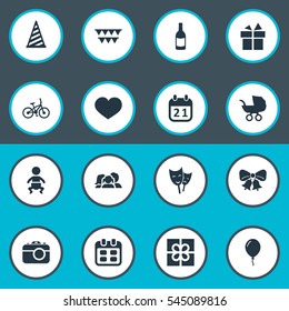 Set Of 16 Simple Birthday Icons. Can Be Found Such Elements As Ribbon, Soul, Box And Other.