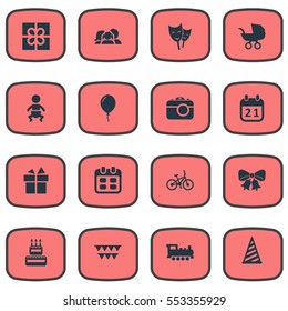 Set Of 16 Simple Birthday Icons. Can Be Found Such Elements As Box, Special Day, Cap And Other.