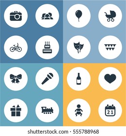 Set Of 16 Simple Birthday Icons. Can Be Found Such Elements As Special Day, Speech, Camera And Other.