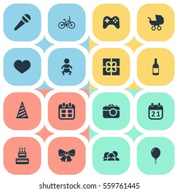 Set Of 16 Simple Birthday Icons. Can Be Found Such Elements As Cap, Game, Box And Other.