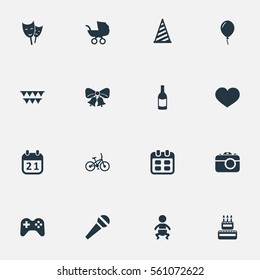 Set Of 16 Simple Birthday Icons. Can Be Found Such Elements As Resonate, Baby Carriage, Speech And Other.