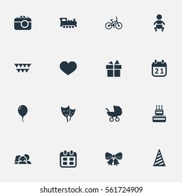 Set Of 16 Simple Birthday Icons. Can Be Found Such Elements As Aerostat, Resonate, Domestic And Other.