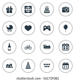 Set Of 16 Simple Birthday Icons. Can Be Found Such Elements As Decorations;, Days, Domestic And Other.