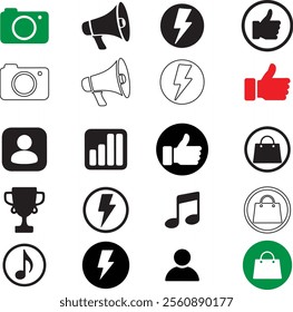 A set of 16 simple, black and white, and color vector icons representing various social media, marketing, and general communication concepts.