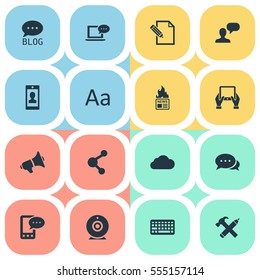 Set Of 16 Simple Blogging Icons. Can Be Found Such Elements As Argument, E-Letter, Broadcast And Other.