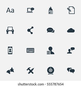 Set Of 16 Simple Blogging Icons. Can Be Found Such Elements As Gazette, Laptop, Gossip And Other.