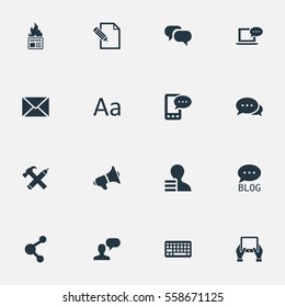 Set Of 16 Simple Blogging Icons. Can Be Found Such Elements As Post, Loudspeaker, Cedilla And Other.