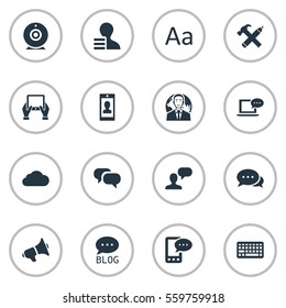 Set Of 16 Simple Blogging Icons. Can Be Found Such Elements As Gossip, Keypad, Loudspeaker And Other.