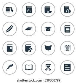 Set Of 16 Simple Books Icons. Can Be Found Such Elements As Plume, Bookshelf, Pen And Other.