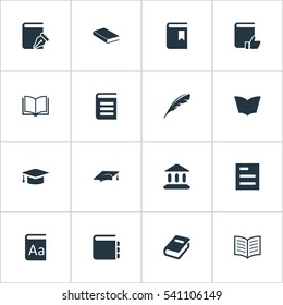 Set Of 16 Simple Books Icons. Can Be Found Such Elements As Recommended Reading, Alphabet, Plume And Other.