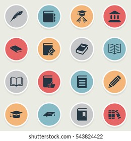 Set Of 16 Simple Books Icons. Can Be Found Such Elements As Sketchbook, Academic Cap, Blank Notebook And Other.