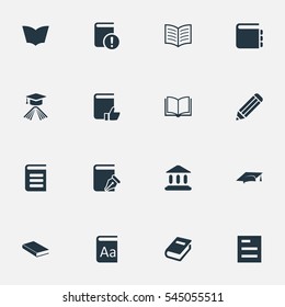 Set Of 16 Simple Books Icons. Can Be Found Such Elements As Graduation Hat, Blank Notebook, Notebook And Other.