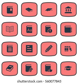 Set Of 16 Simple Books Icons. Can Be Found Such Elements As Sketchbook, Pen, Journal And Other.