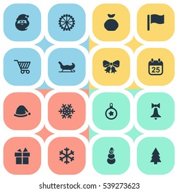 Set Of 16 Simple Celebration Icons. Can Be Found Such Elements As Basket, Christmas Decoration, Christmas Character And Other.
