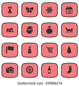 Set Of 16 Simple Celebration Icons. Can Be Found Such Elements As Decoration, Forest, Bag And Other.