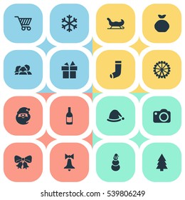 Set Of 16 Simple Celebration Icons. Can Be Found Such Elements As Relatives, Christmas Decoration, Basket And Other.