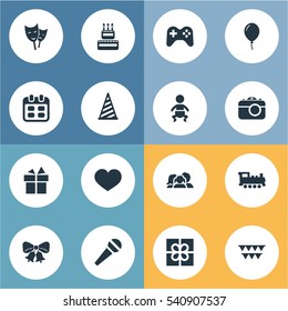 Set Of 16 Simple Celebration Icons. Can Be Found Such Elements As Days, Resonate, Aerostat And Other.