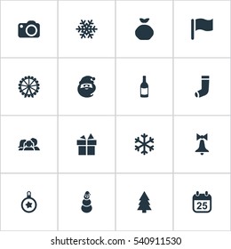 Set Of 16 Simple Celebration Icons. Can Be Found Such Elements As Drink Bottle, Bag, Snow And Other.