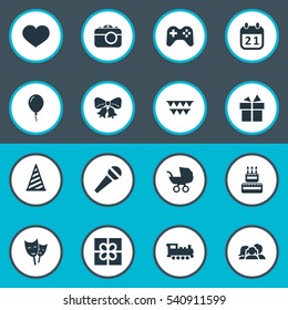 Set Of 16 Simple Celebration Icons. Can Be Found Such Elements As Ribbon, Decorations;, Camera And Other.