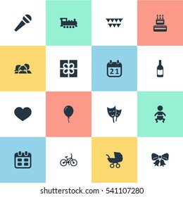 Set Of 16 Simple Celebration Icons. Can Be Found Such Elements As Aerostat, Box, Beverage And Other.