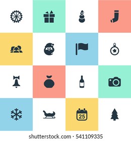 Set Of 16 Simple Celebration Icons. Can Be Found Such Elements As Snow, Drink Bottle, Funfair And Other.