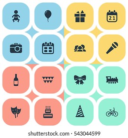 Set Of 16 Simple Celebration Icons. Can Be Found Such Elements As Train, Ribbon, Aerostat And Other.