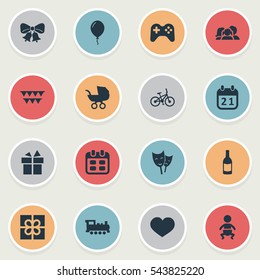 Set Of 16 Simple Celebration Icons. Can Be Found Such Elements As Game, Infant, Special Day And Other.
