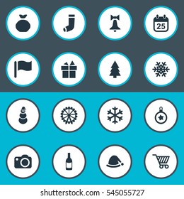 Set Of 16 Simple Celebration Icons. Can Be Found Such Elements As Snow, Present, Bag And Other.