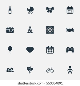 Set Of 16 Simple Celebration Icons. Can Be Found Such Elements As Days, Box, Mask And Other.
