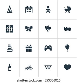 Set Of 16 Simple Celebration Icons. Can Be Found Such Elements As Cap, Train, Box And Other.