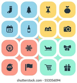 Set Of 16 Simple Celebration Icons. Can Be Found Such Elements As Christmas Character, Calendar, Christmas Decoration And Other.