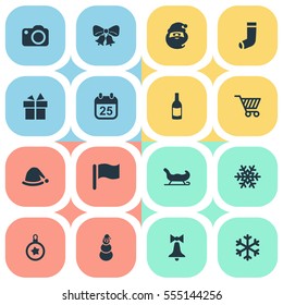 Set Of 16 Simple Celebration Icons. Can Be Found Such Elements As Present, Christmas Character, Calendar And Other.