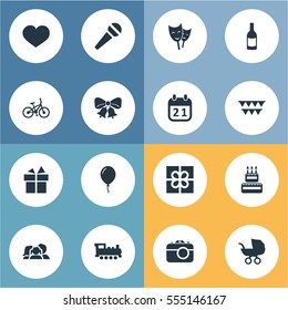 Set Of 16 Simple Celebration Icons. Can Be Found Such Elements As Baby Carriage, Box, Train And Other.