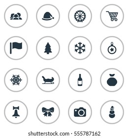 Set Of 16 Simple Celebration Icons. Can Be Found Such Elements As Christmas Cap, Drink Bottle, Decoration And Other.