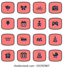 Set Of 16 Simple Celebration Icons. Can Be Found Such Elements As Decorations;, Infant, Game And Other.