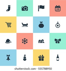 Set Of 16 Simple Celebration Icons. Can Be Found Such Elements As Basket, Tree Toy, Pin And Other.