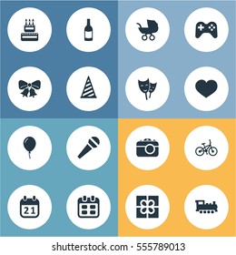 Set Of 16 Simple Celebration Icons. Can Be Found Such Elements As Game, Bicycle, Beverage And Other.