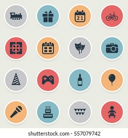 Set Of 16 Simple Celebration Icons. Can Be Found Such Elements As Ribbon, Decorations;, Mask And Other.