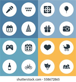 Set Of 16 Simple Celebration Icons. Can Be Found Such Elements As Game, Decorations;, Cap And Other.